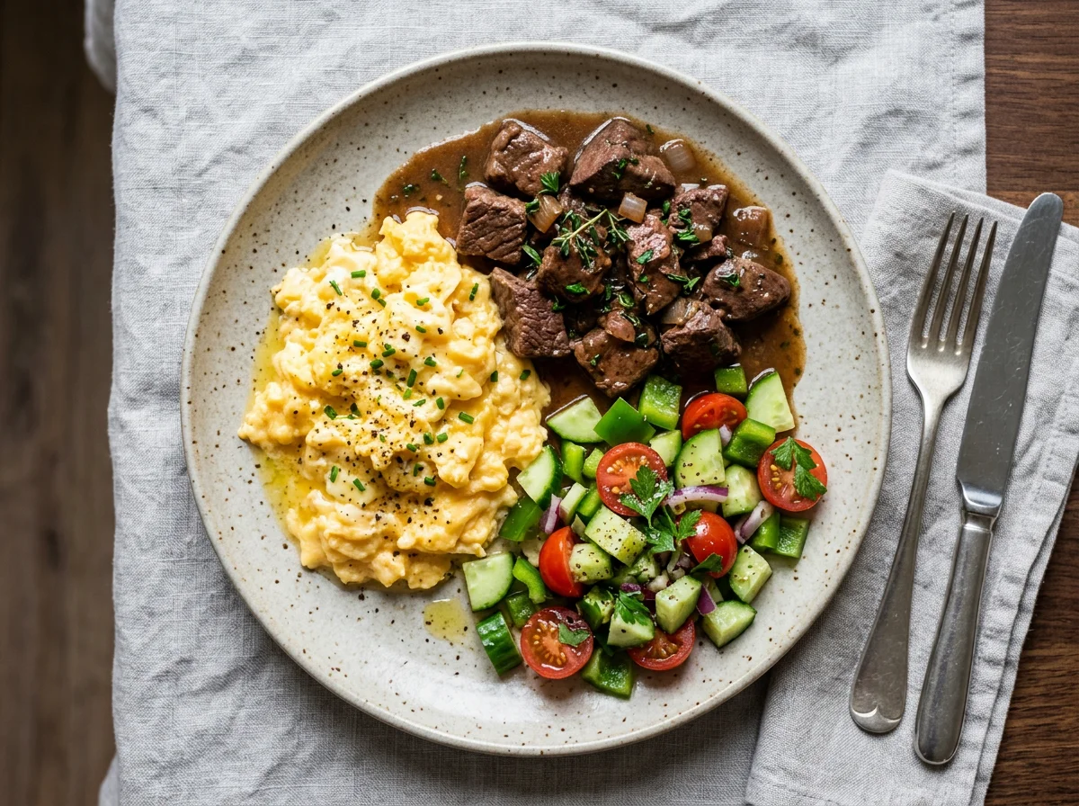 Scrambled Eggs, Stewed Meat, and Salad photo