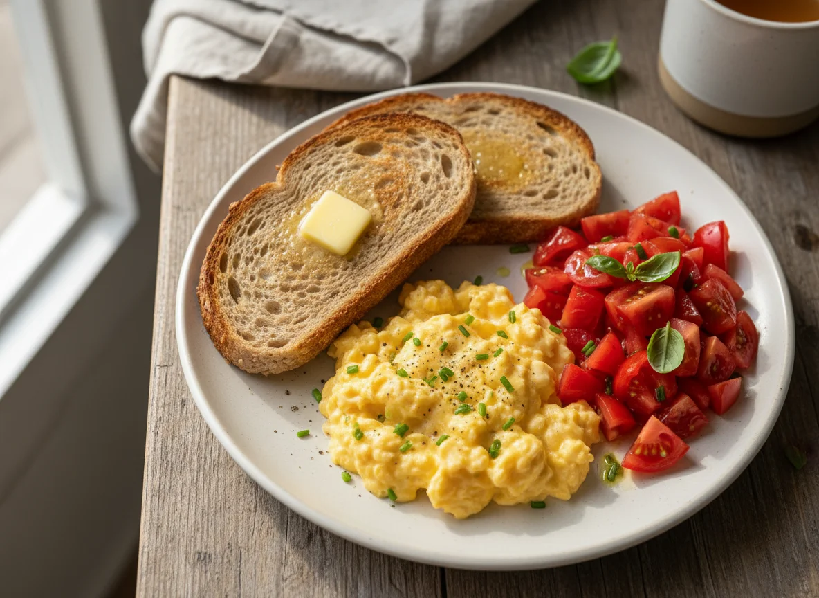 Scrambled Eggs, Toast and Tomatoes photo