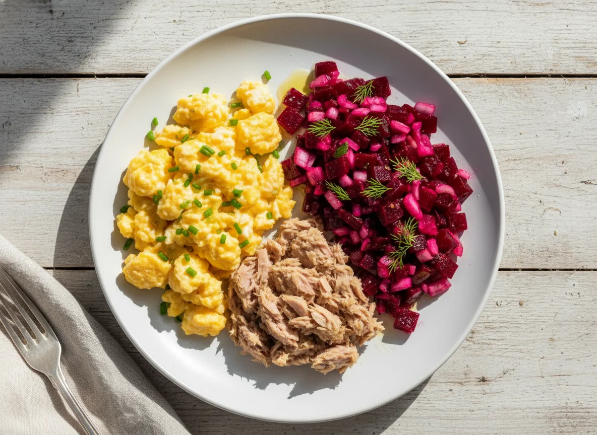 Scrambled Eggs, Tuna, and Beetroot Salad photo