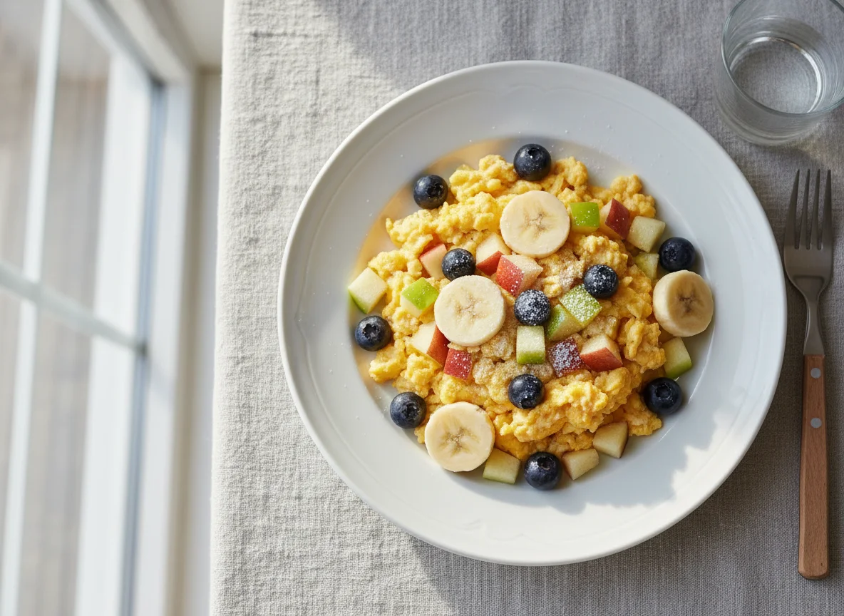 Scrambled eggs with apple, banana and blueberries photo