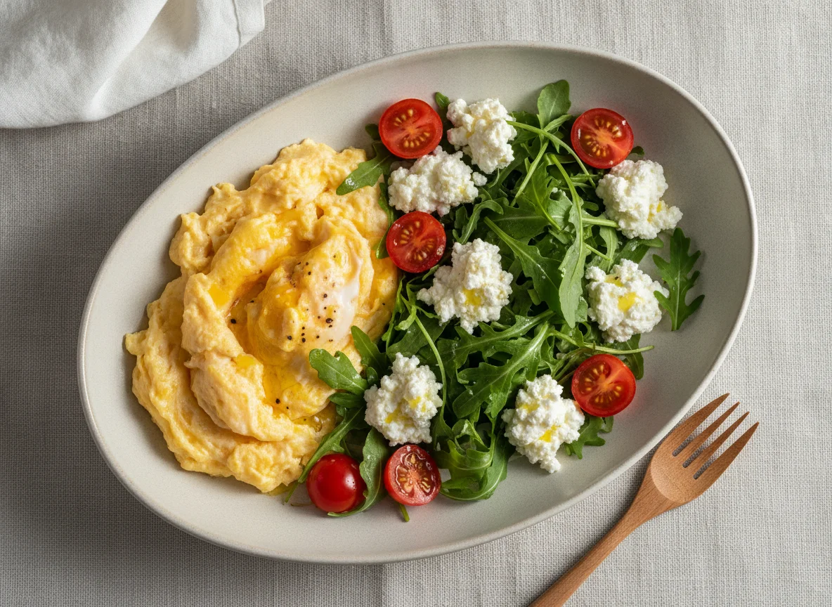Scrambled Eggs with Arugula and Cottage Cheese photo