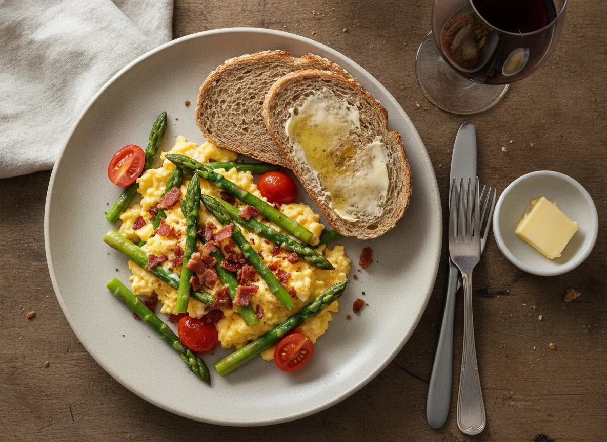 Scrambled eggs with asparagus, tomatoes, and whole grain bread with butter photo