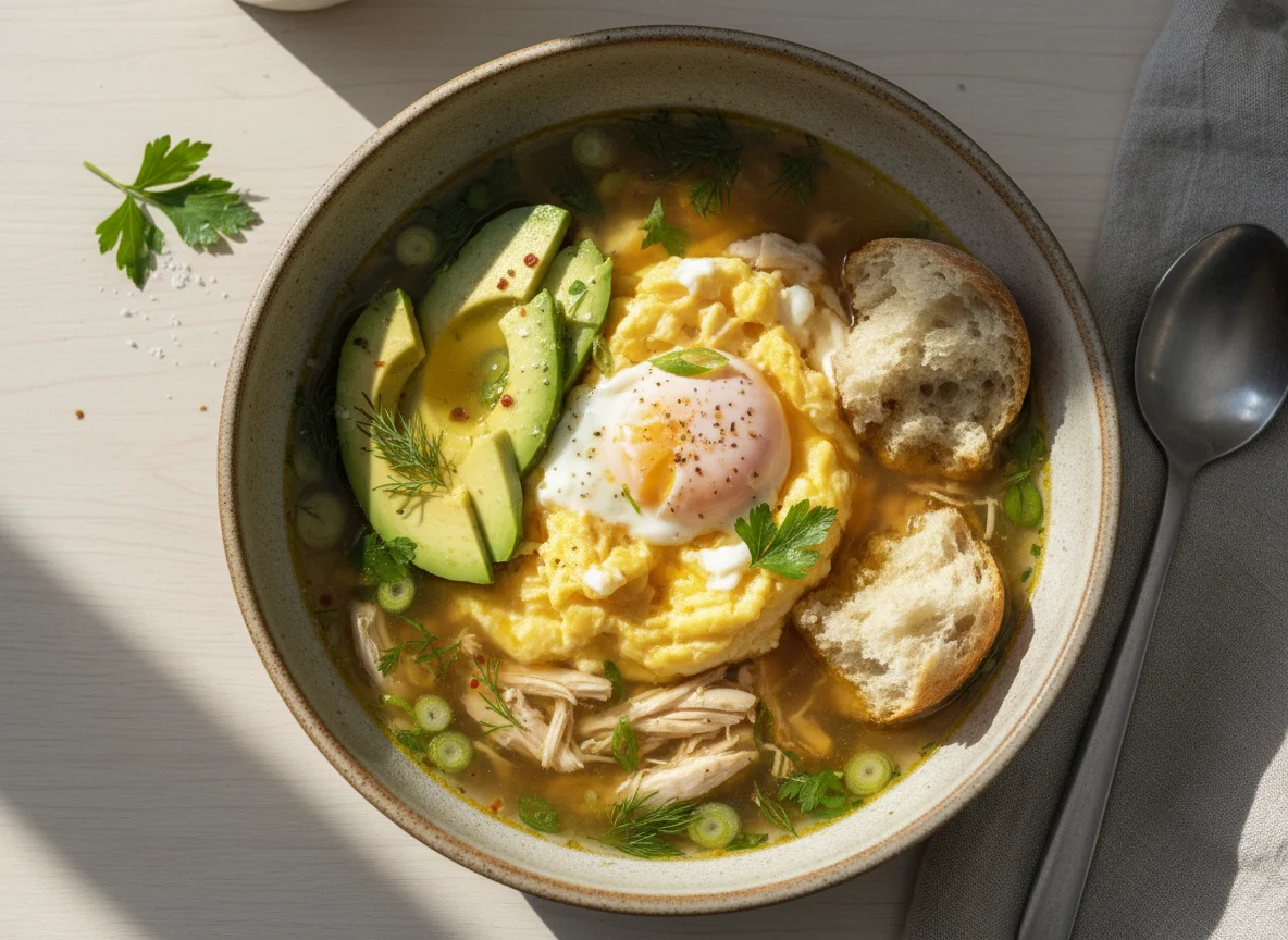 Scrambled Eggs with Avocado and Broth photo