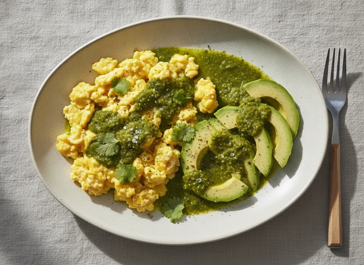 Scrambled eggs with avocado and green sauce photo