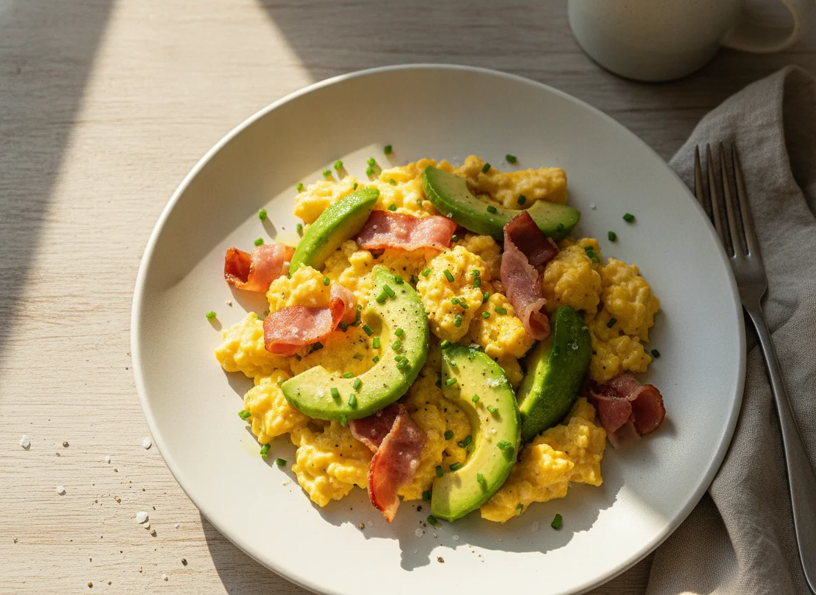 Scrambled eggs with avocado and ham photo
