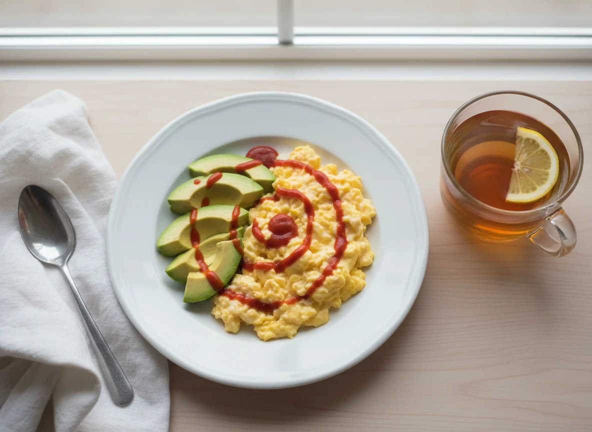Scrambled Eggs with Avocado and Hot Sauce photo