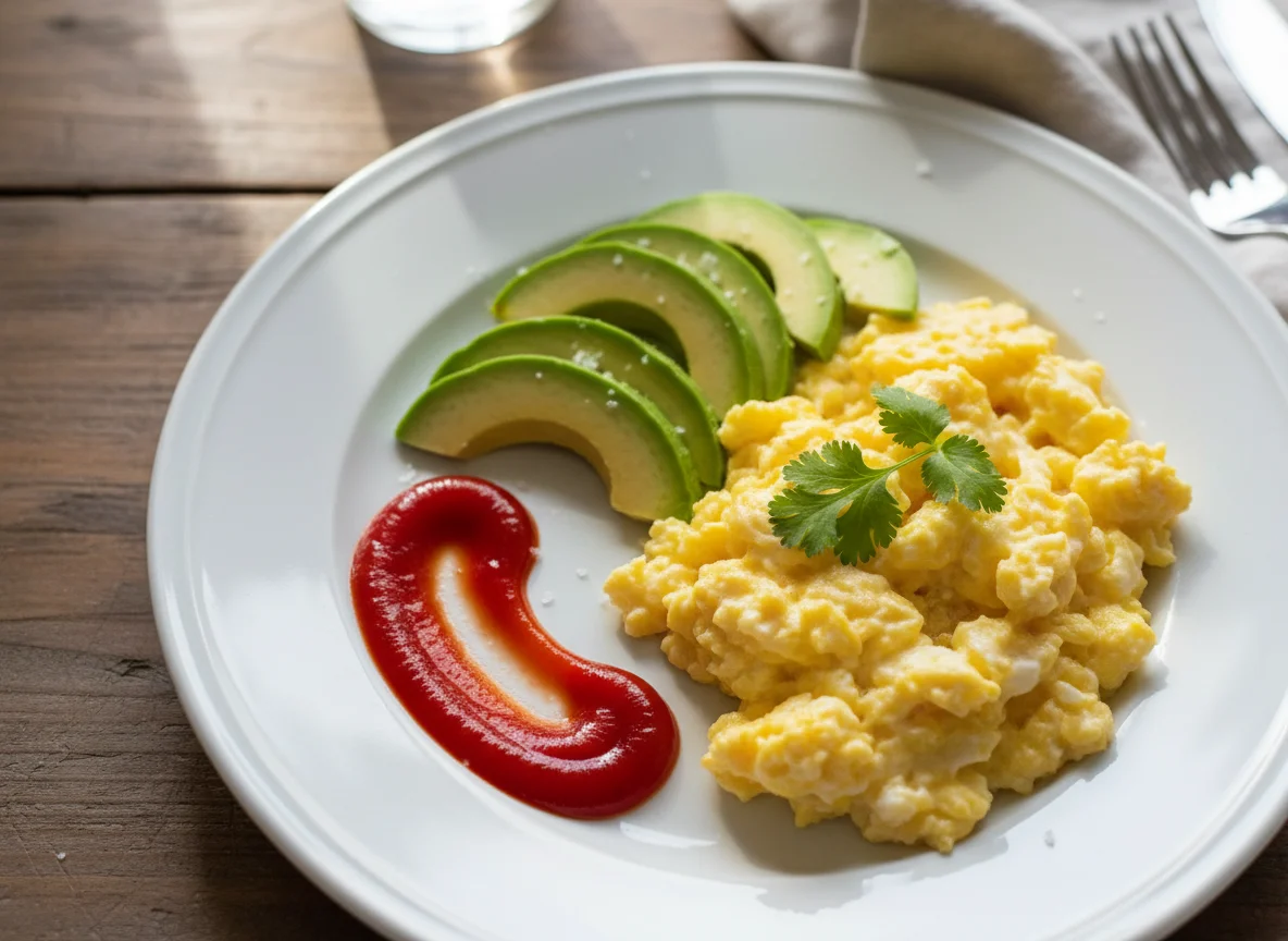 Scrambled Eggs with Avocado and Ketchup photo