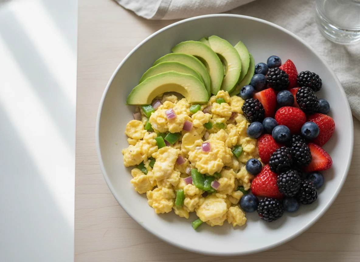 Scrambled eggs with avocado and mixed berries photo