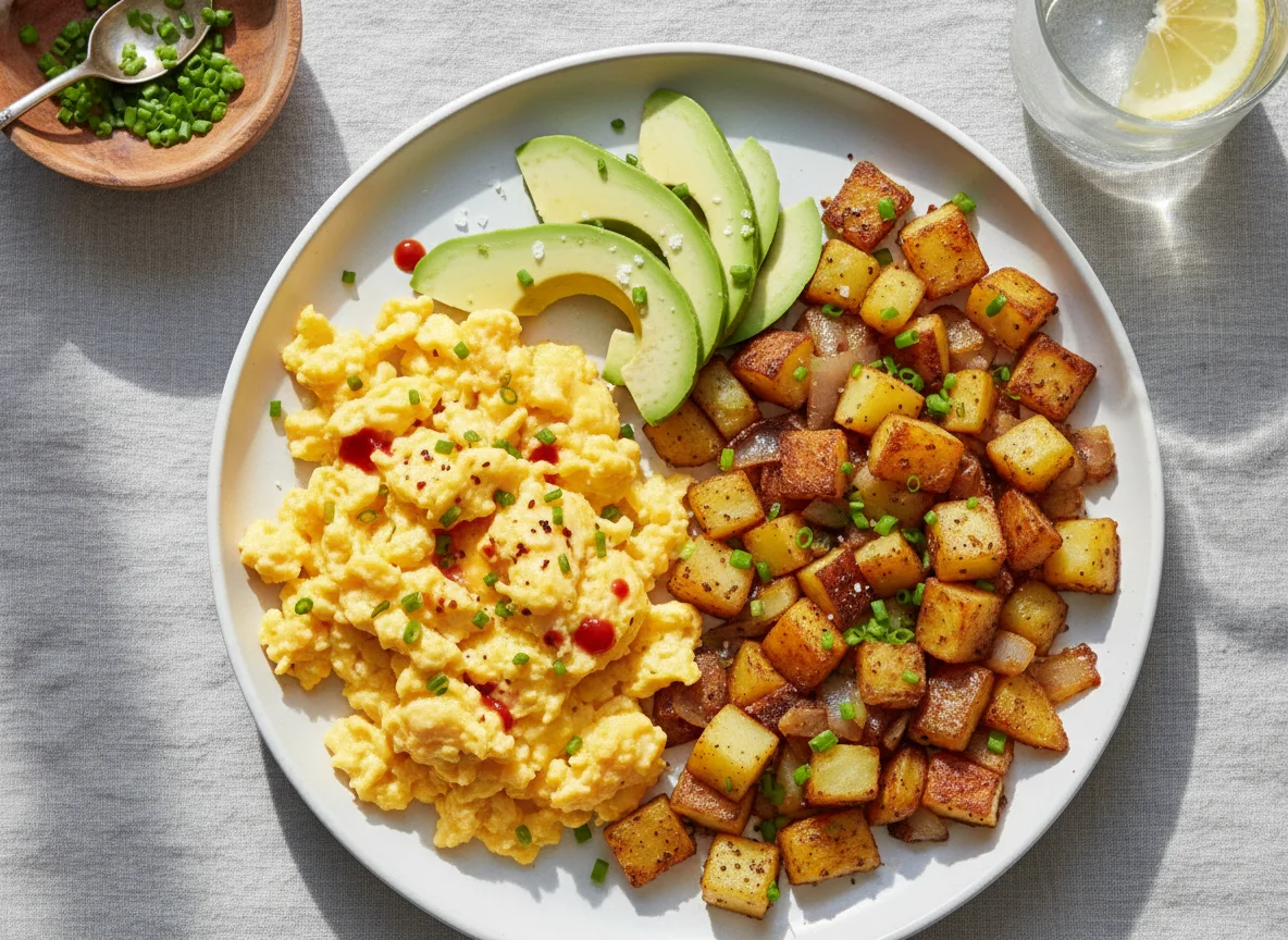 Scrambled Eggs with Avocado and Potatoes photo