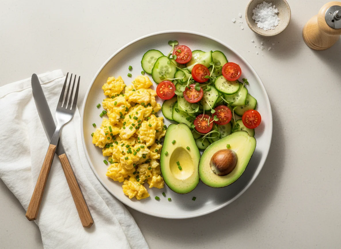 Scrambled Eggs with Avocado and Salad photo