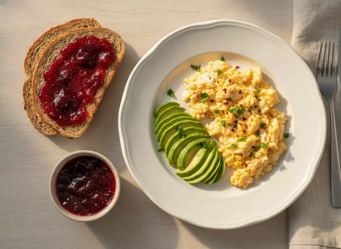 Scrambled eggs with avocado and toast photo