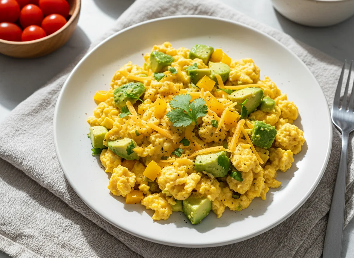 Scrambled eggs with avocado, bell pepper, and cheese photo
