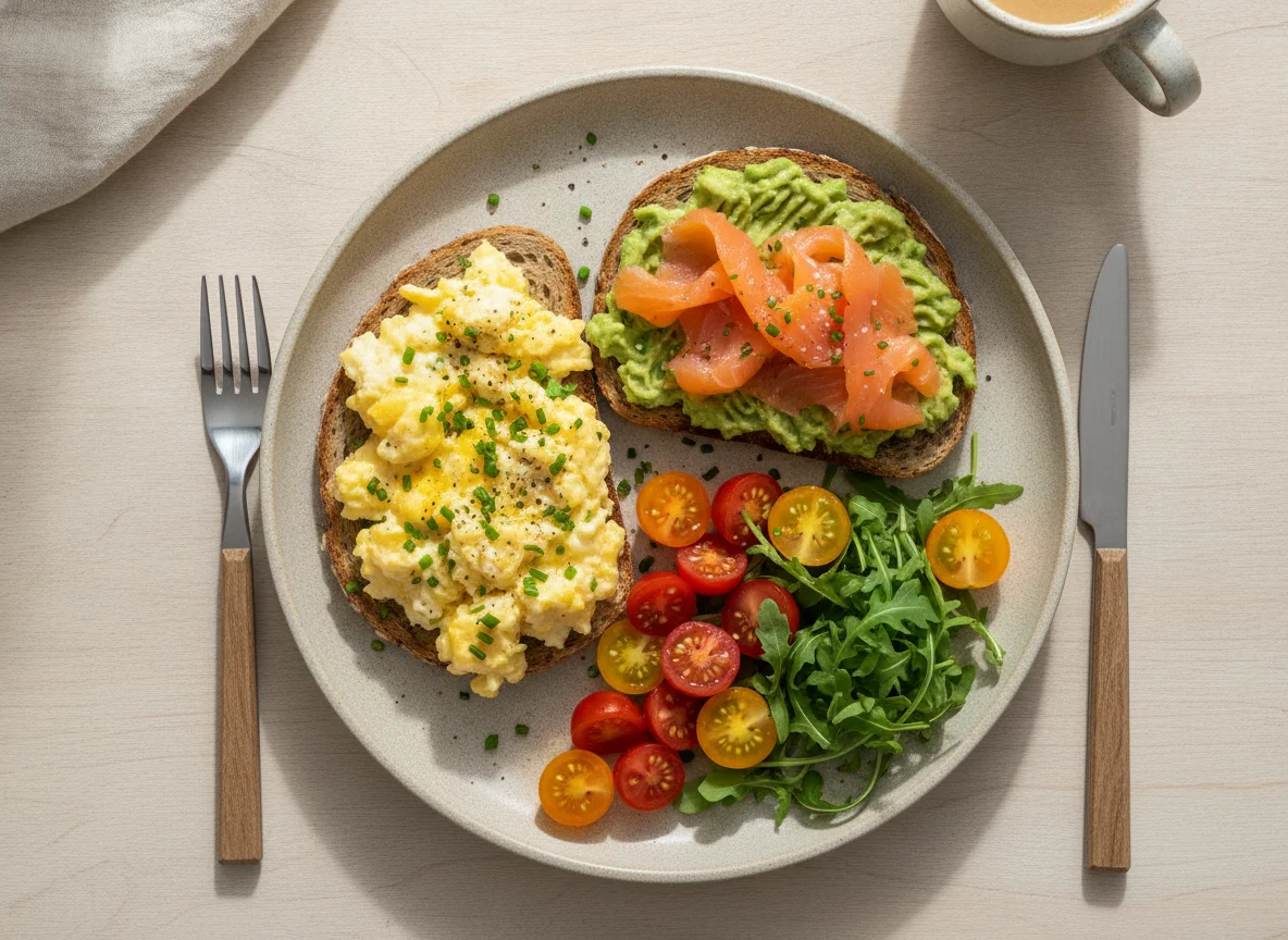 Scrambled eggs with avocado toast and cherry tomatoes photo