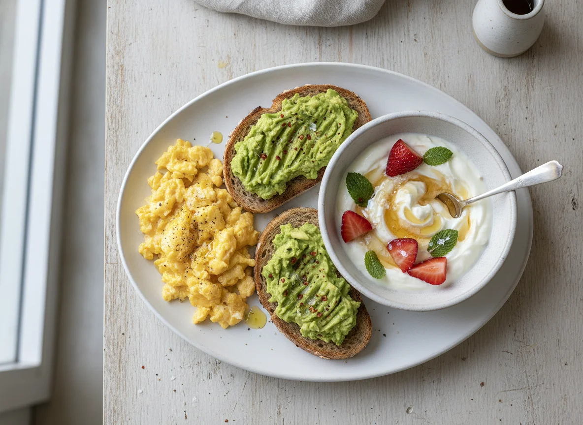 Scrambled eggs with avocado toast and goat yogurt with strawberries photo
