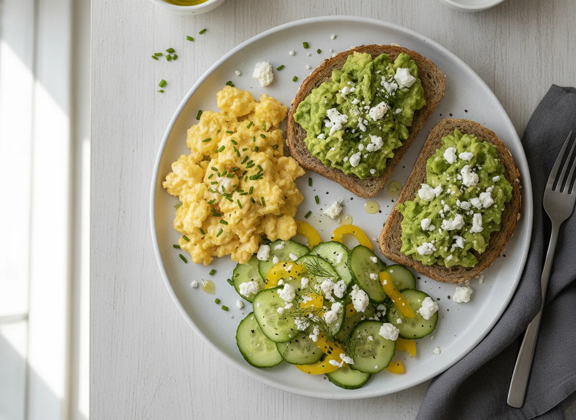 Scrambled eggs with avocado toast and salad photo