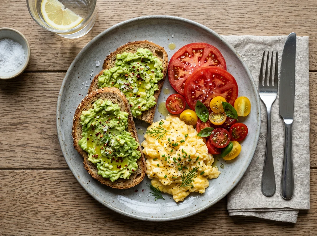 Scrambled Eggs with Avocado Toast and Tomatoes photo