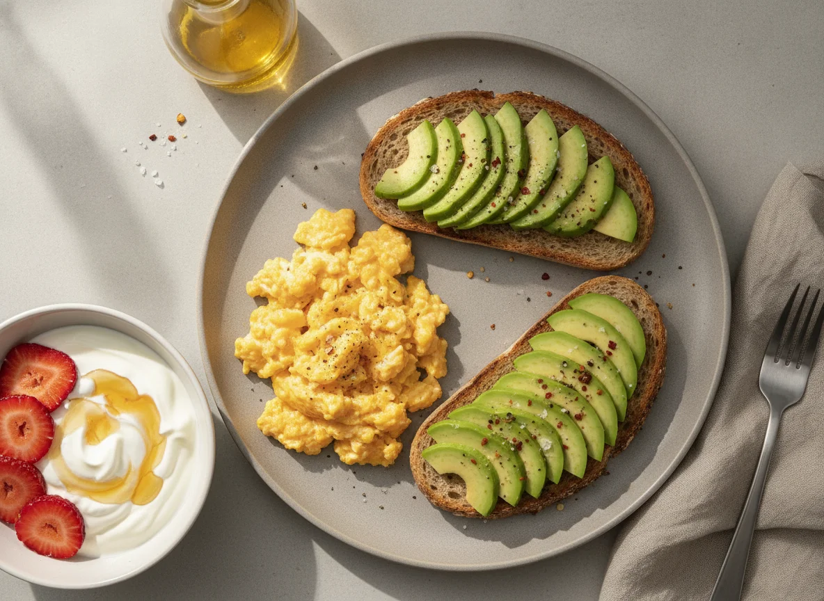 Scrambled eggs with avocado toast and yogurt with strawberries photo