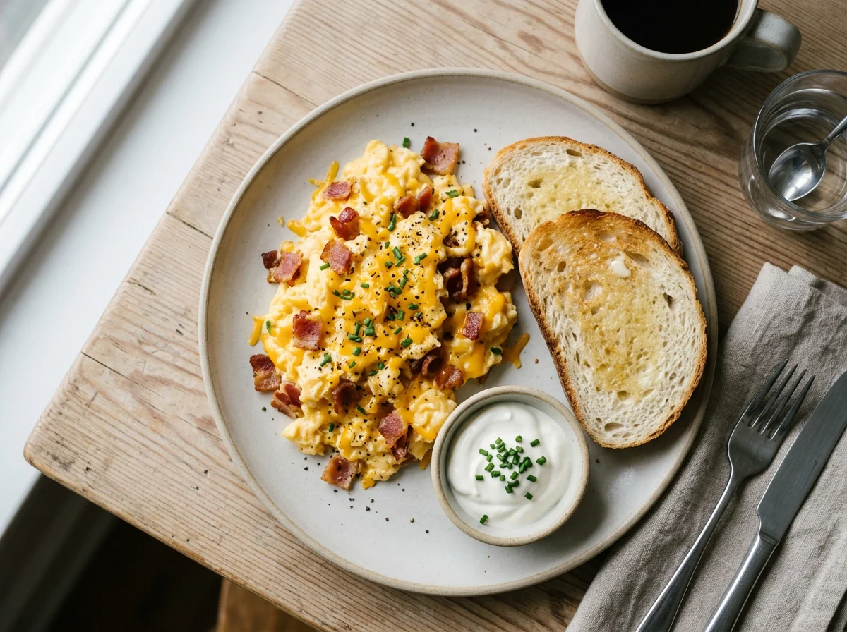 Scrambled Eggs with Bacon and Cheese photo