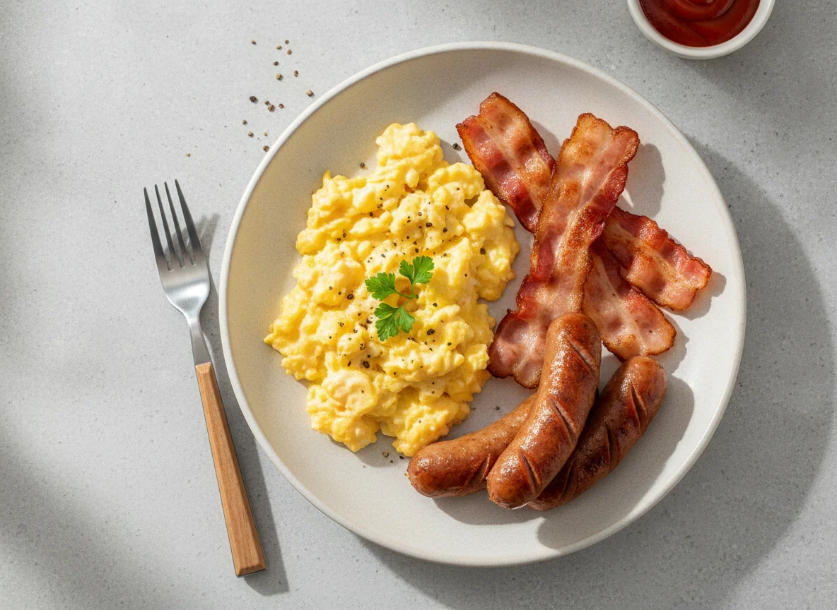 Scrambled eggs with bacon and sausage photo