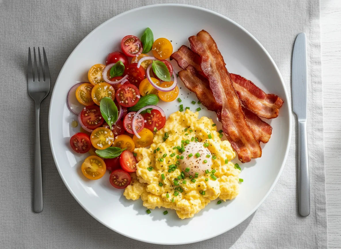 Scrambled Eggs with Bacon and Tomato Salad photo