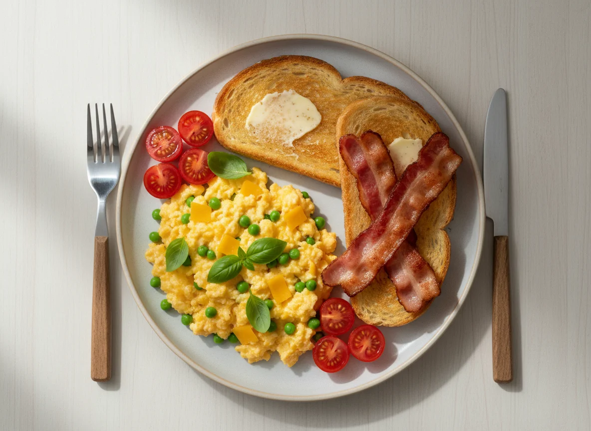 Scrambled Eggs with Bacon and Vegetables on Brioche Toast photo