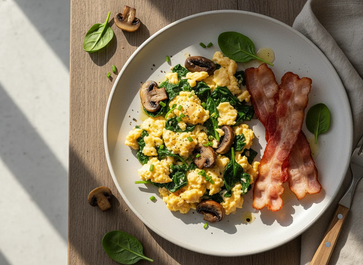 Scrambled Eggs with Bacon, Mushrooms and Spinach photo