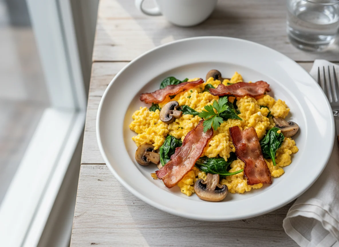 Scrambled Eggs with Bacon, Spinach and Mushrooms photo
