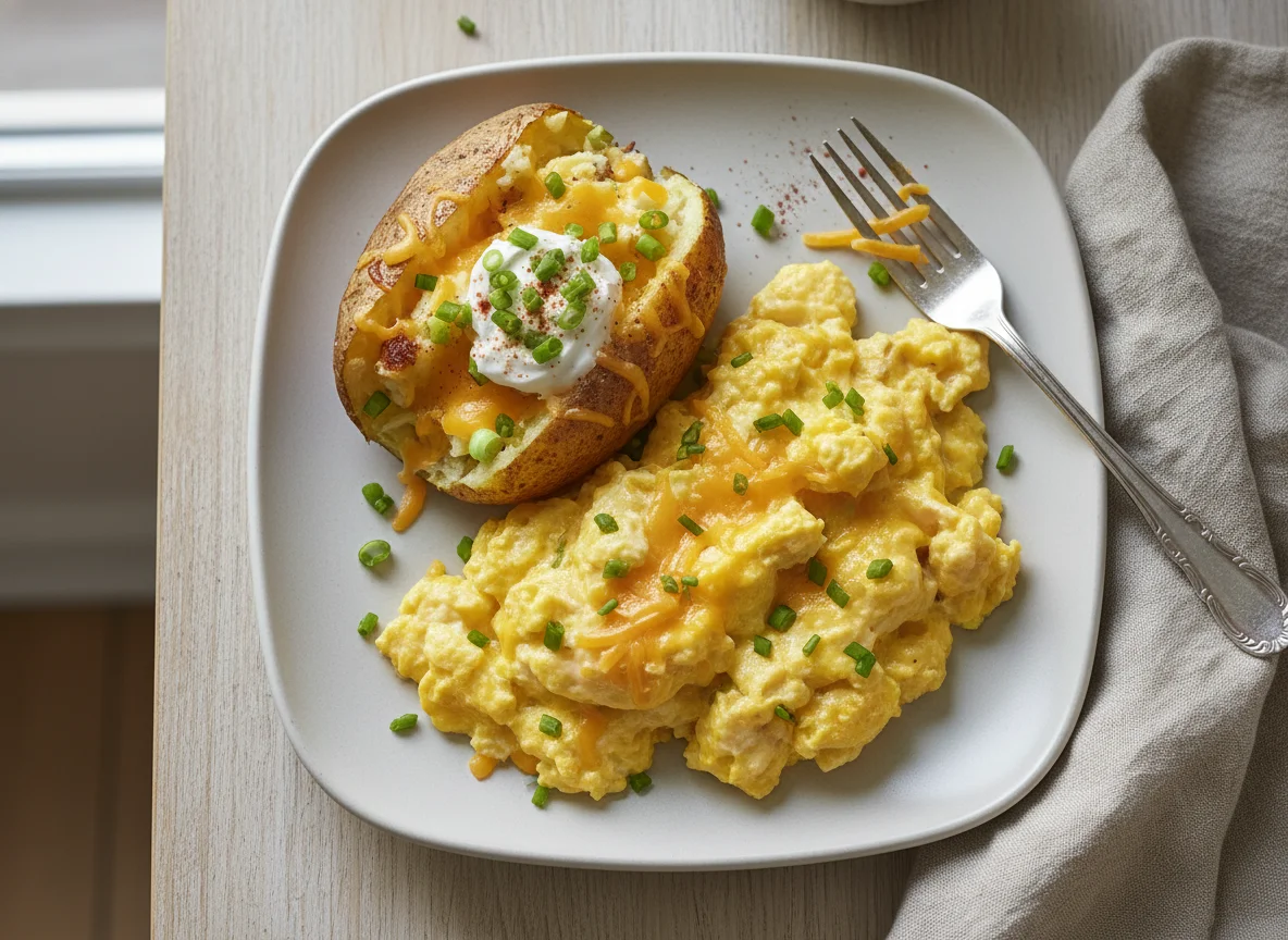 Scrambled Eggs with Baked Potato and Cheese photo