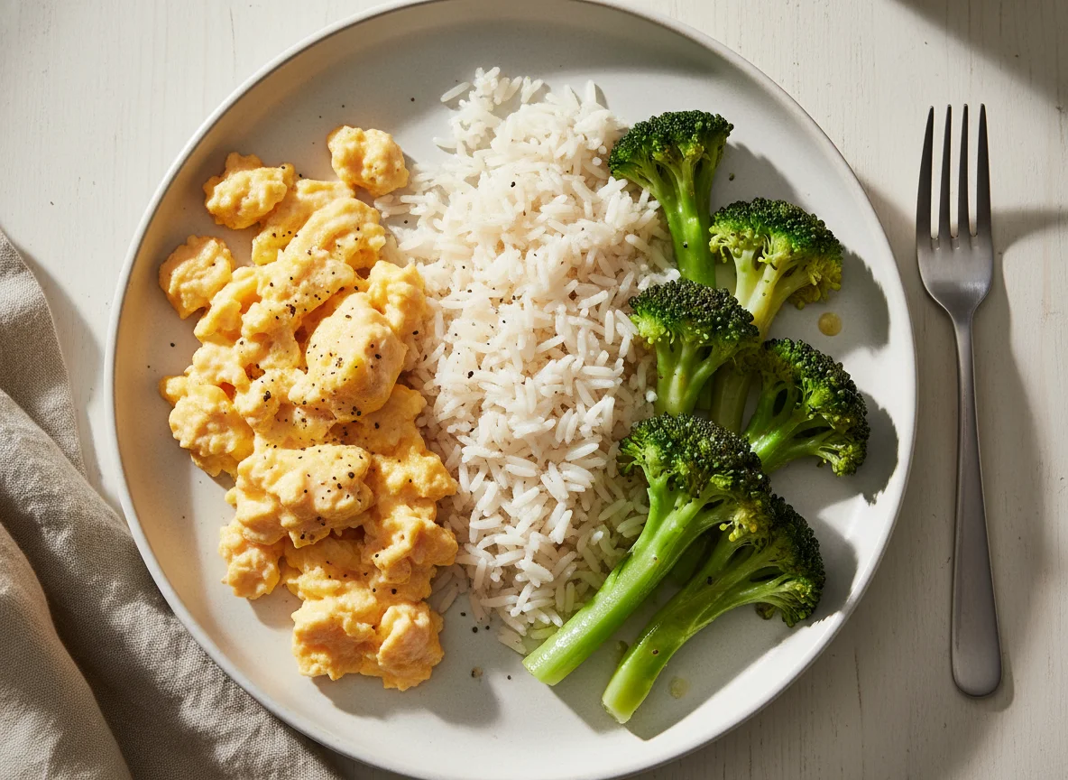 Scrambled Eggs with Basmati Rice and Broccoli photo