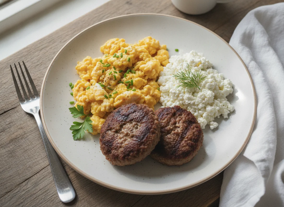 Scrambled eggs with beef patties and cottage cheese photo