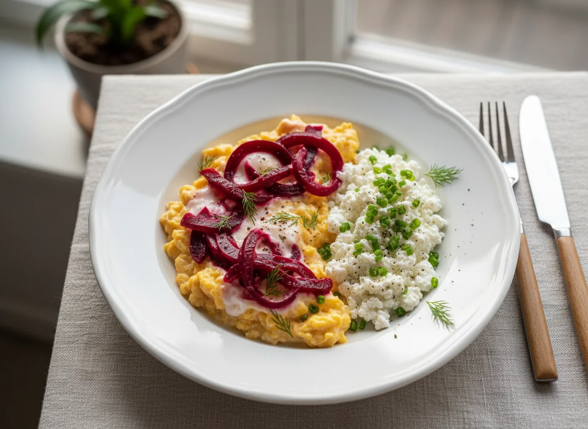 Scrambled eggs with beetroot and cottage cheese photo