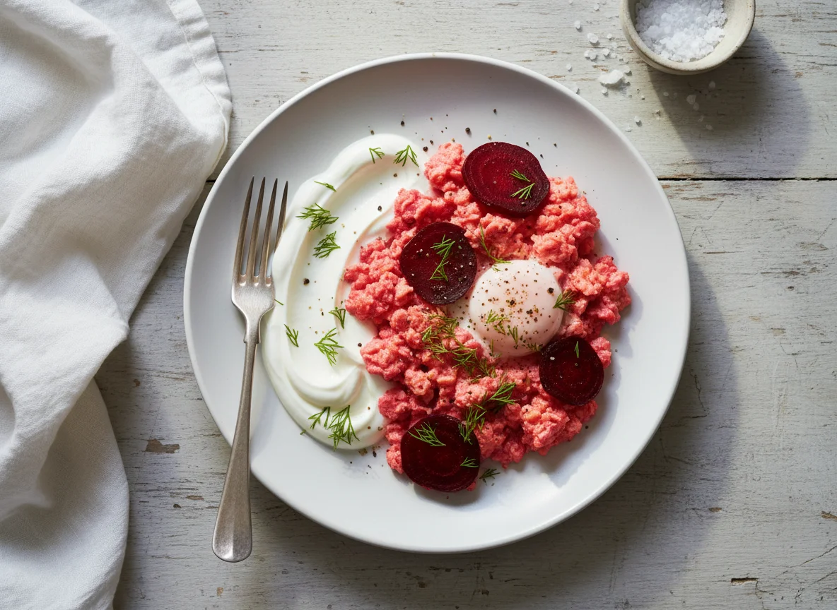 Scrambled Eggs with Beetroot and Yogurt photo
