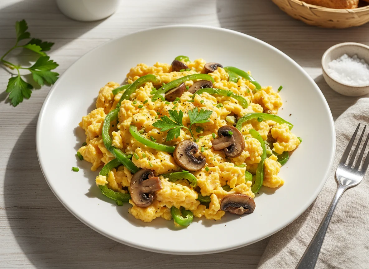 Scrambled Eggs with Bell Peppers and Mushrooms photo