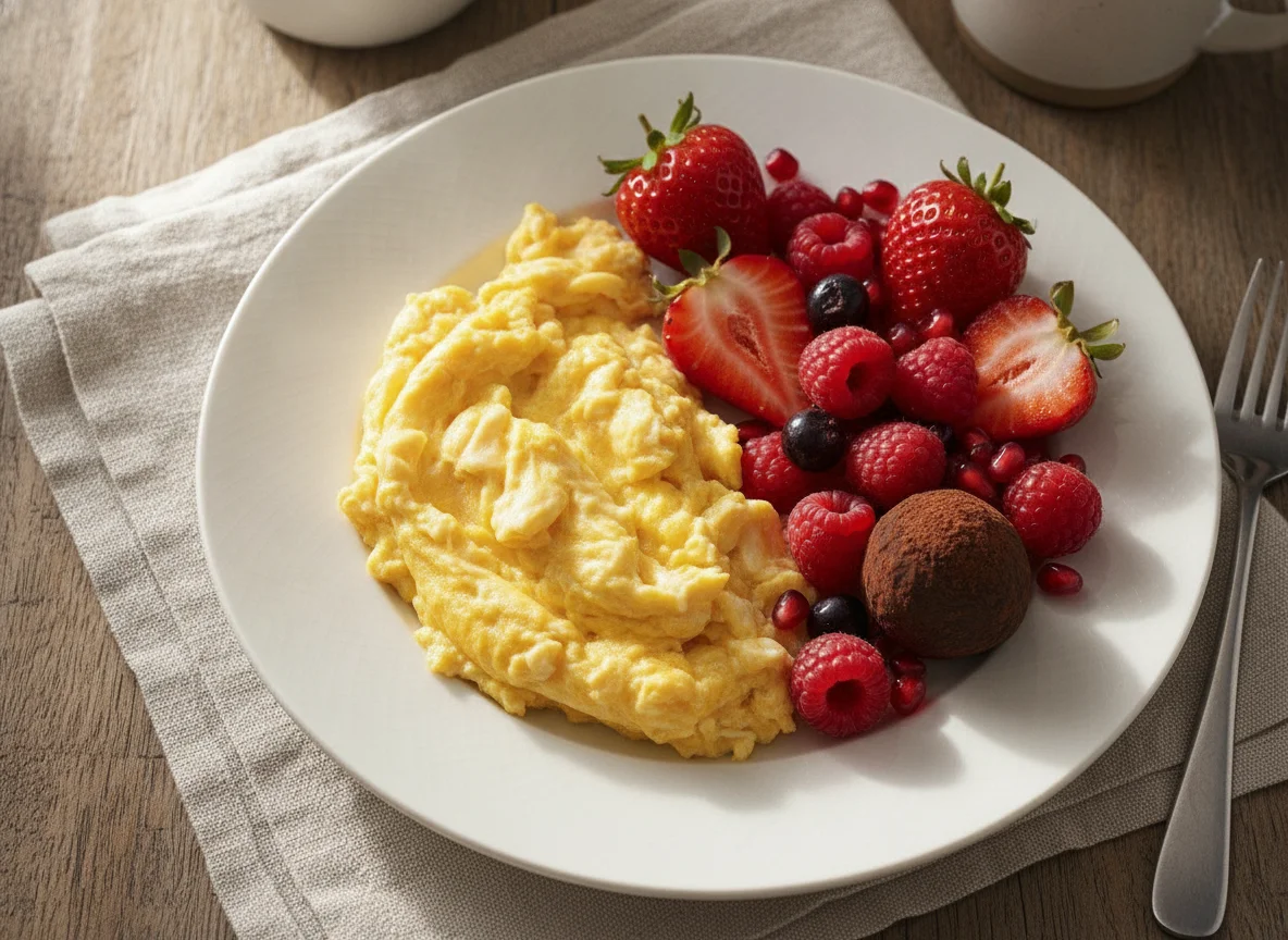 Scrambled eggs with berries and chocolate photo