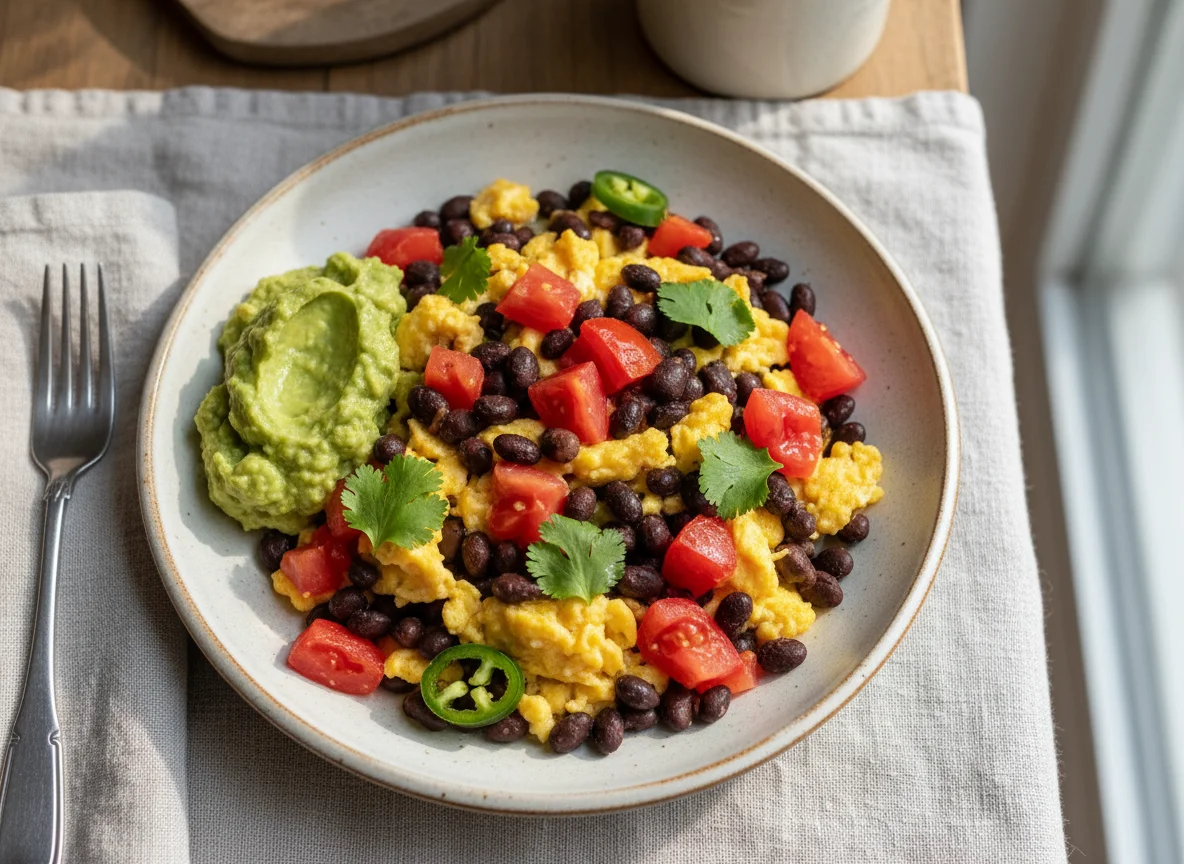 Scrambled Eggs with Black Beans and Tomatoes photo