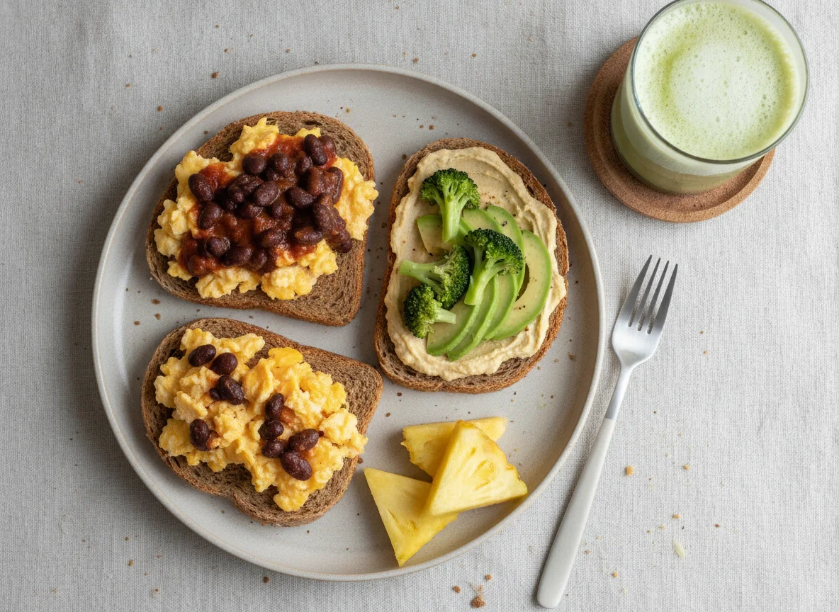 Scrambled eggs with black beans on toast and matcha latte photo