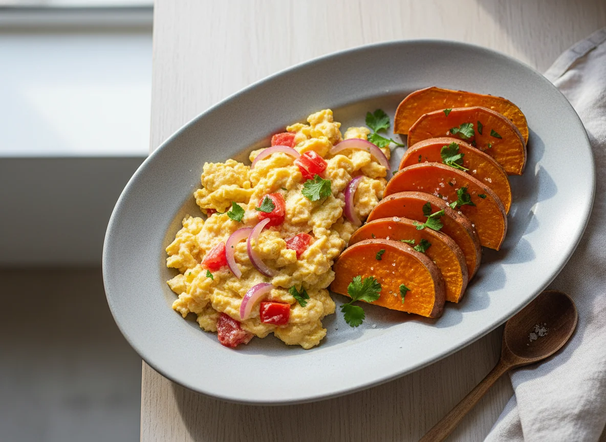 Scrambled Eggs with Boiled Sweet Potatoes photo