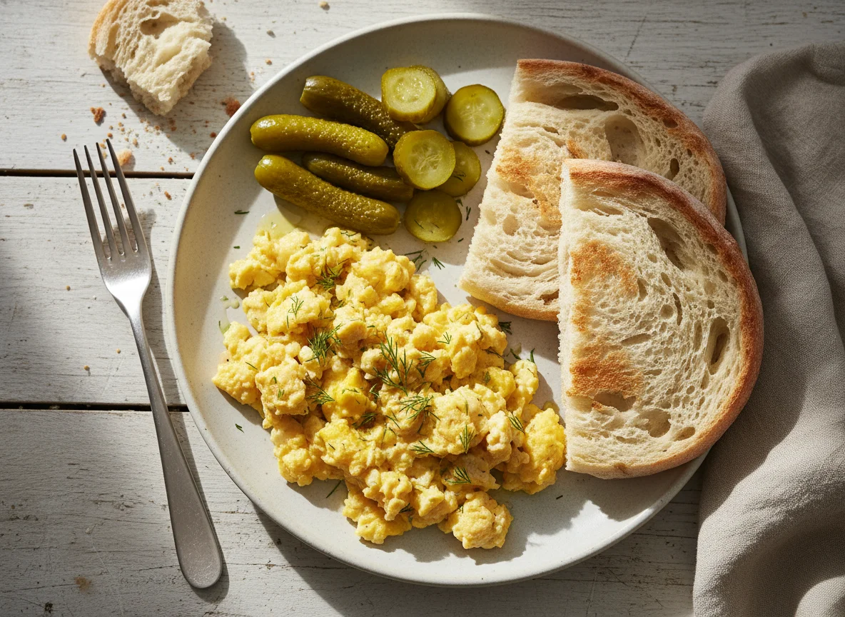 Scrambled Eggs with Bread and Pickles photo
