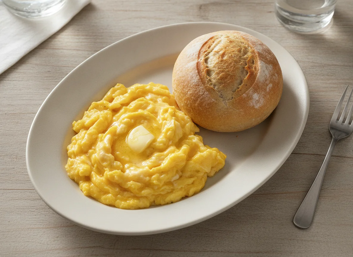 Scrambled eggs with bread roll photo