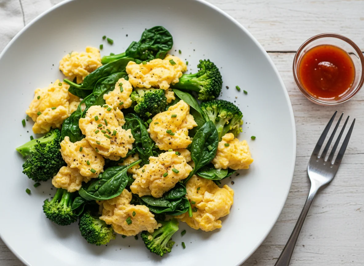Scrambled Eggs with Broccoli and Spinach photo