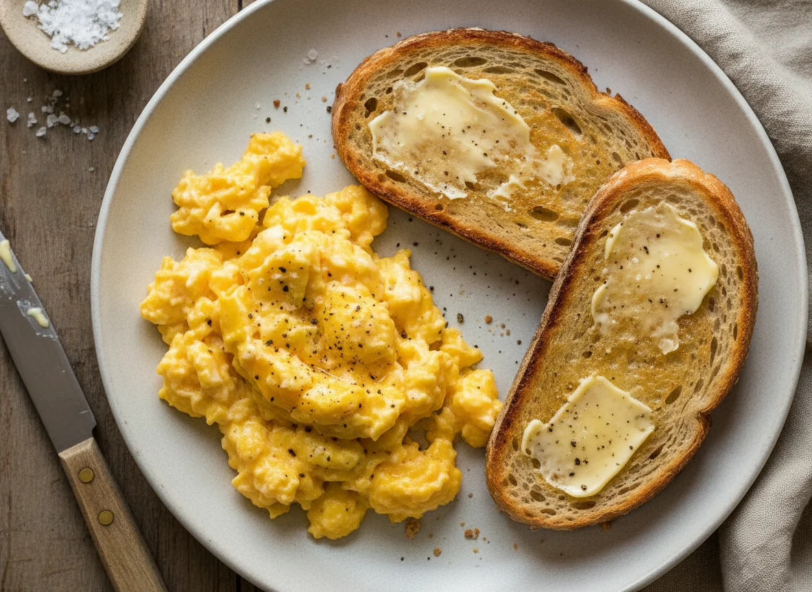 Scrambled eggs with buttered sourdough toast photo
