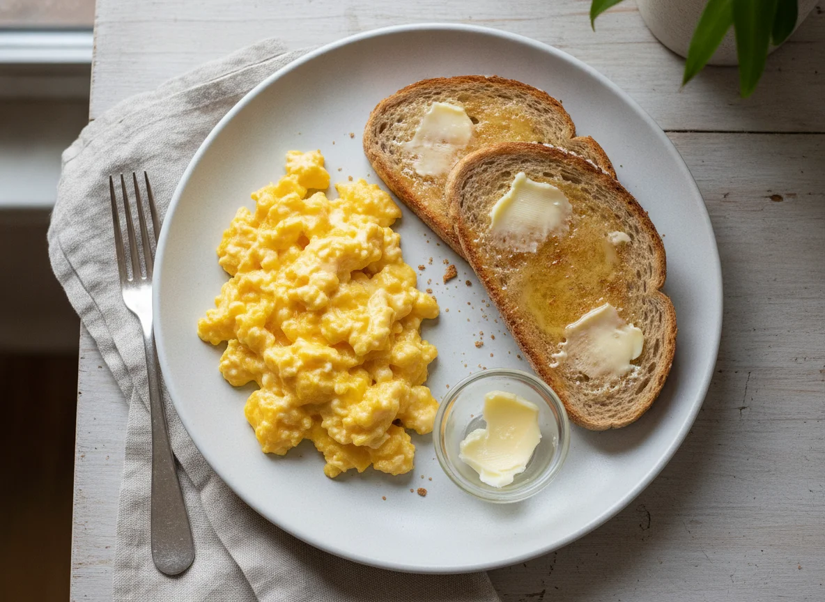 Scrambled eggs with buttered toast photo