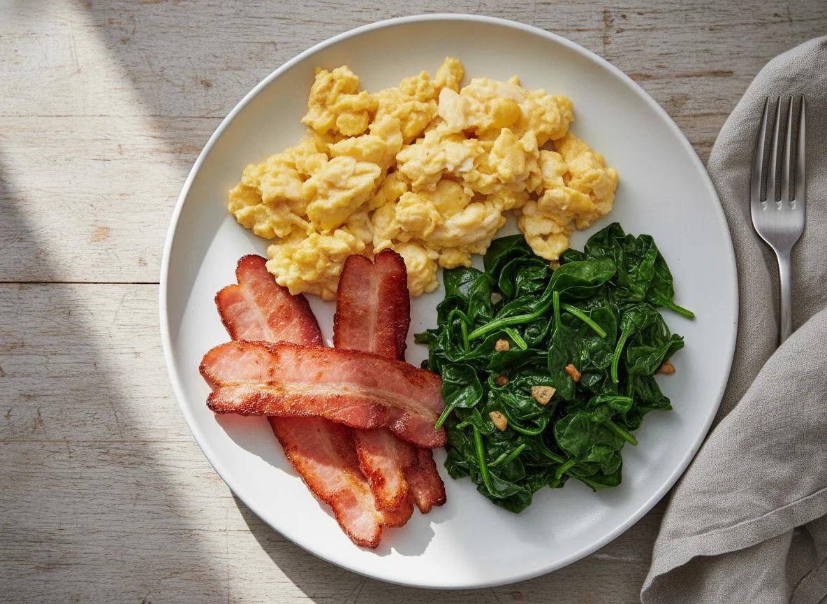 Scrambled Eggs with Canadian Bacon and Spinach photo
