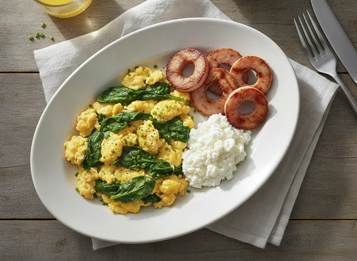 Scrambled Eggs with Canadian Bacon, Spinach, and Cottage Cheese photo