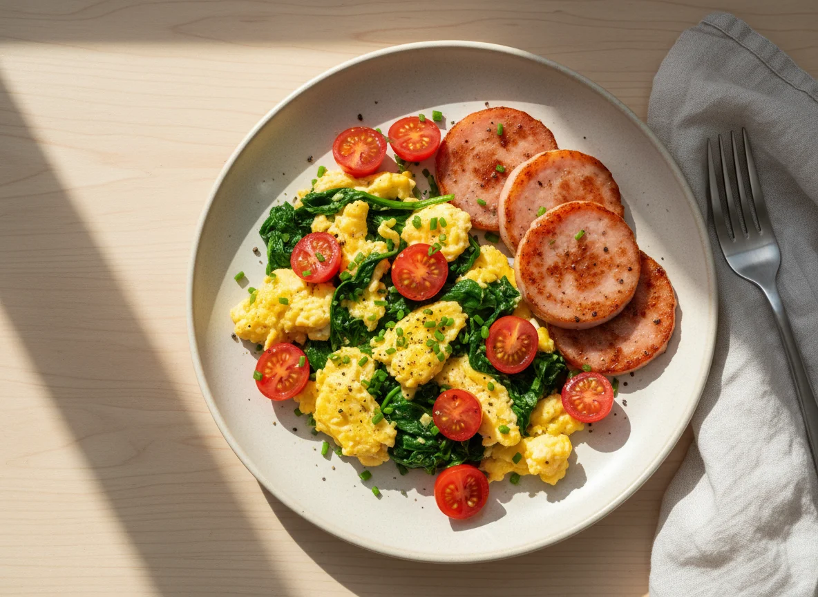 Scrambled Eggs with Canadian Bacon, Spinach, and Tomatoes photo