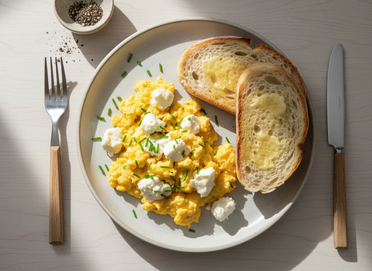 Scrambled Eggs with Cheese and Bread photo