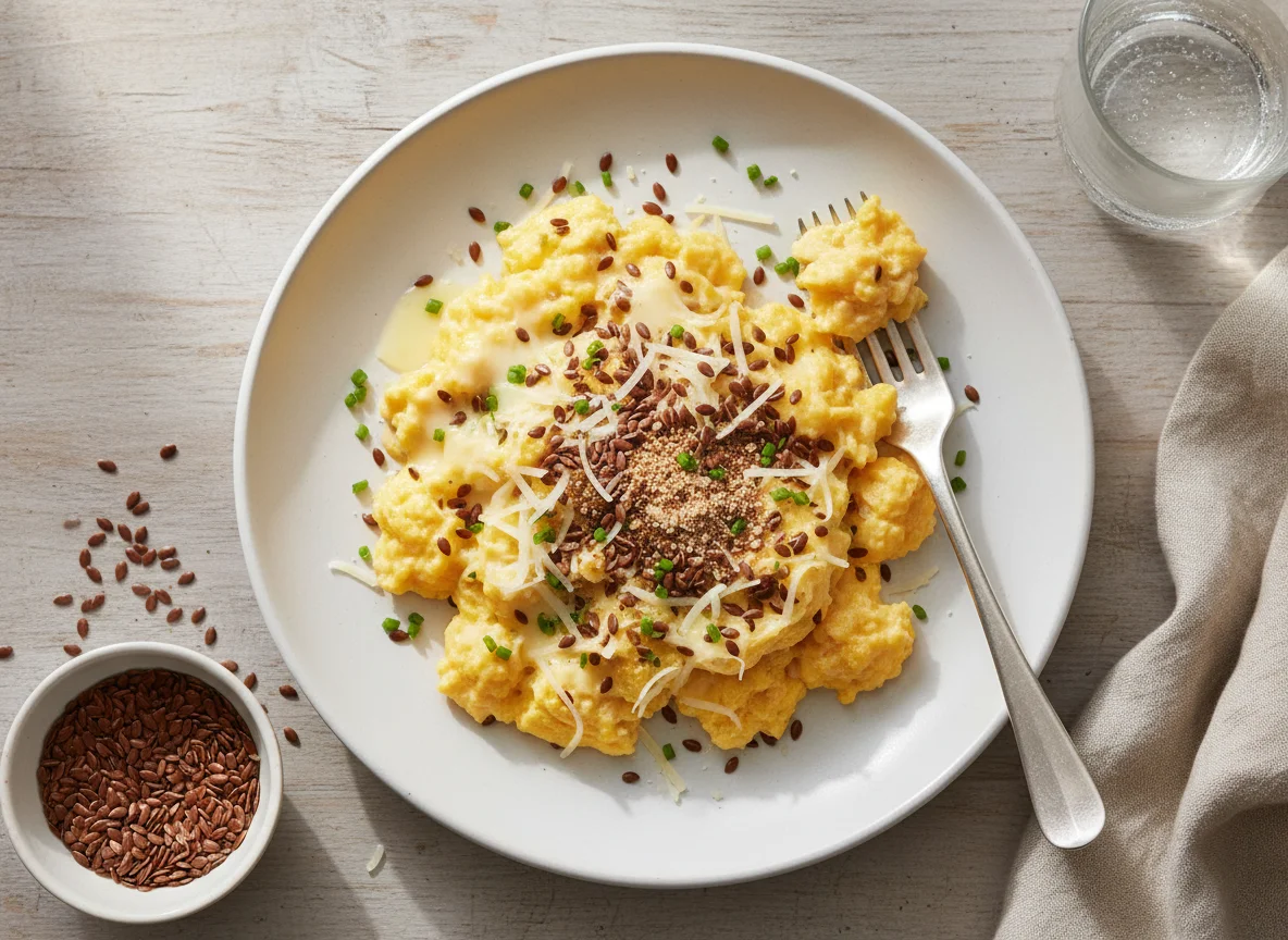 Scrambled Eggs with Cheese and Flax Seeds photo