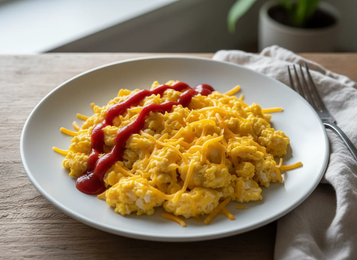 Scrambled Eggs with Cheese and Ketchup photo