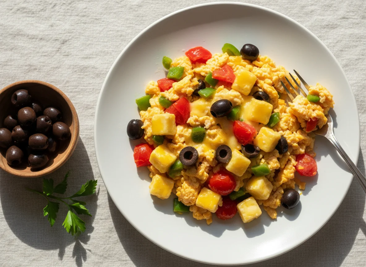 Scrambled eggs with cheese and olives photo