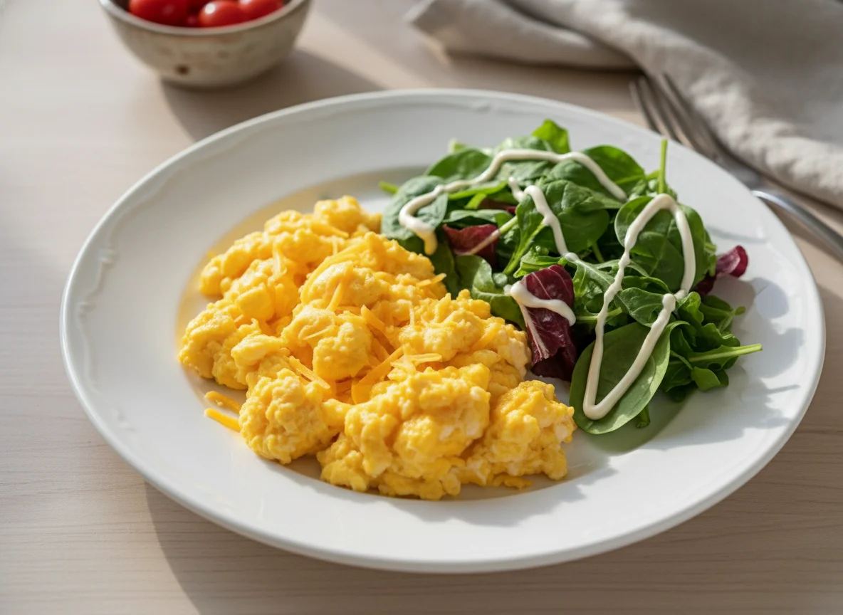 Scrambled Eggs with Cheese and Side Salad photo